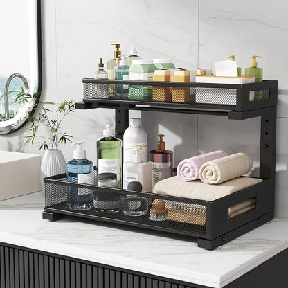 2 Pack 17IN Depth Under Sink Storage Organizer, Large 2-Tier Elegant Mesh Pull Out Shelf for Kitchen and Bathroom Cabinet Organization, L-Shaped and Adjustable Height Design-Black