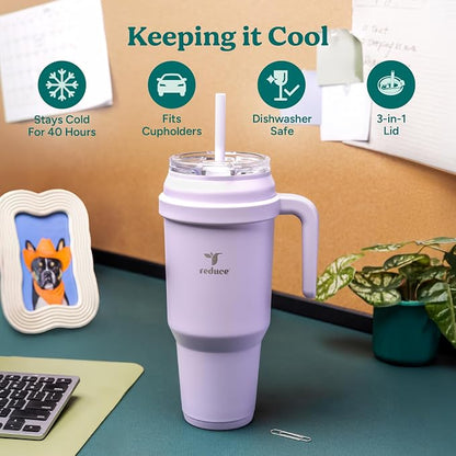 Reduce 50 oz Stainless Steel Tumbler with Handle - Dual-Wall Vacuum Insulated Travel Mug, Sweat-Proof Lid & Reusable Straw - Keeps Drinks Cold for 24 Hrs, Fits Cupholders, Dishwasher Safe - Crisp Mint