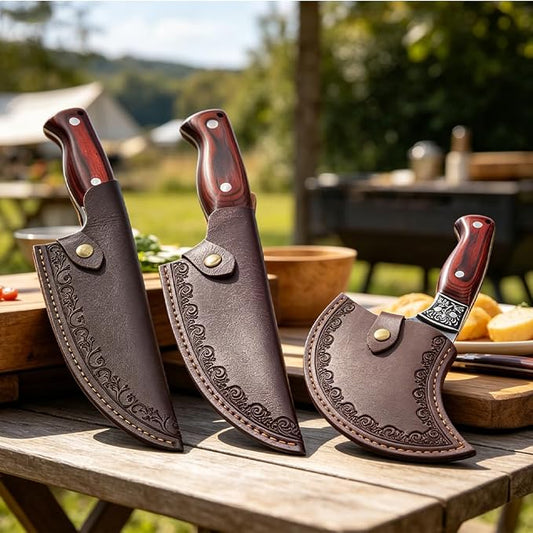 3PCS Butcher Knife Set High-Carbon Steel with Hammered Texture for Kitchen Stainless Steel Hand Forged Chef Knives, Nonslip Wood Handle, Meat Cutting Butchering Cleaver & Bone Chopper