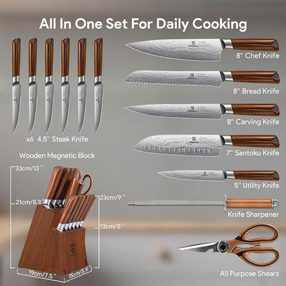 Kitchen Knife Sets With Block, Piklohas 15 Pieces Knife Sets With Magnetic Detachable Knife Holder, High Carbon Steel Damascus Pattern Chef Knife Set With Steak Knives, Ideal For House Warming Gift