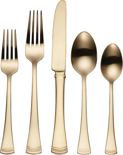 Lenox Silverware Set For 12, Portola Gold 20-Piece Flatware Set, Service For 4, Dishwasher Safe 18/10 Stainless Steel Silverware, Elegant Gold Satin Finish, Knives Spoons and Forks (Golden 20 Piece)