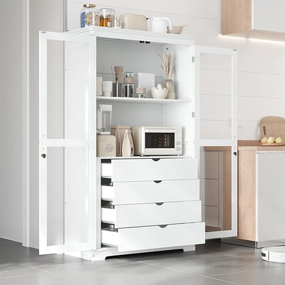 VilroCaz 75'' Tall Kitchen Pantry, Wood Freestanding Kitchen Storage Cabinet Display Cabinet with Glass Doors and 4 Built-in Drawers for Living Room Home Office (White-6.21)