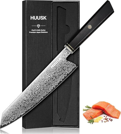 Huusk Damascus Kiritsuke Knife 8 inch - Japanese Knives with Wooden Handle, Hand Forged Chef Knives for Home Use, Razor Sharp Cooking Knife, Birthday Christmas Gifts for Men Women