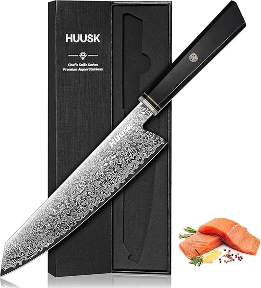 Huusk Damascus Kiritsuke Knife 8 inch - Japanese Knives with Wooden Handle, Hand Forged Chef Knives for Home Use, Razor Sharp Cooking Knife, Birthday Christmas Gifts for Men Women