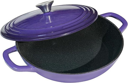 Flavehc Braiser Enameled Cast Iron Braiser 2.25 QT, Cast Iron Braiser Pan with Lid for Bread Baking, Soup & One Pot Meals, Small Shallow Dutch Oven Casserole for Oven & Induction, Purple
