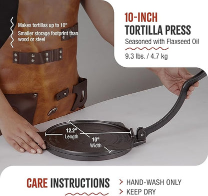 Victoria 10-Inch Cast Iron Tortilla Press HD Spherrous, Commercial-Grade Cast Iron Tortilla Maker, Roti Press, Pataconera Seasoned with Flaxseed Oil, Made in Colombia, Black