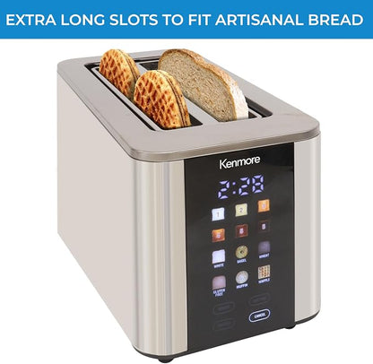 Kenmore 4-Slice Digital Touchscreen Toaster - 1400W Stainless Steel, Wide Slots 6 Shade Settings, Bread Presets, Countdown Timer, Reheat & Defrost Functions Compact Countertop Design tostadora digital