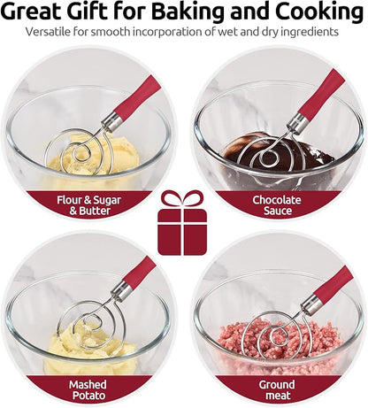 U-Taste 12.6in Danish Dough Whisk: 18/8 Stainless Steel Heavy-Duty Sourdough Mixer Tool, Food Grade Dutch Style Seamless Bread Wisk, Sturdy for Mixing, Stirring, Pressing, Kneading Thick Batter (Red)