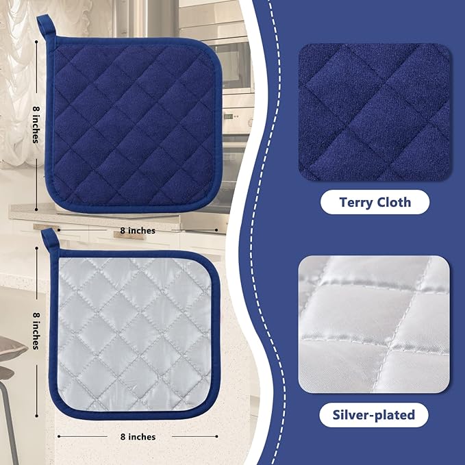 Joyhalo 4 Pack Pot Holders for Kitchen,Cotton Oven Holder with Great Heat Resistance,Non Slip Hot Pads for Kitchen Clearance,Dark Blue