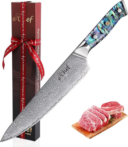 8-Inch Damascus Chef Knife, VG10 Steel Core Sharp Kitchen Knife, 67-Layer Damascus Material, Deep Sea Abalone Shell Handle, Kitchen Must-Have, Gift Box(8-inch chef's knife)