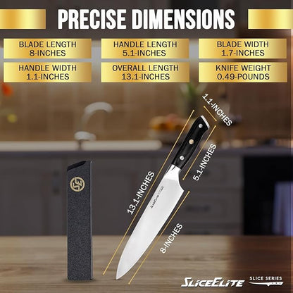SliceElite Slice Series 8 Inch Chef Knife High Carbon German Steel Blade Pakkawood Handle with Polymer Blade Guard Professional Sharp Kitchen Knife for Meat Cutting Vegetable BBQ Cooking Chopping