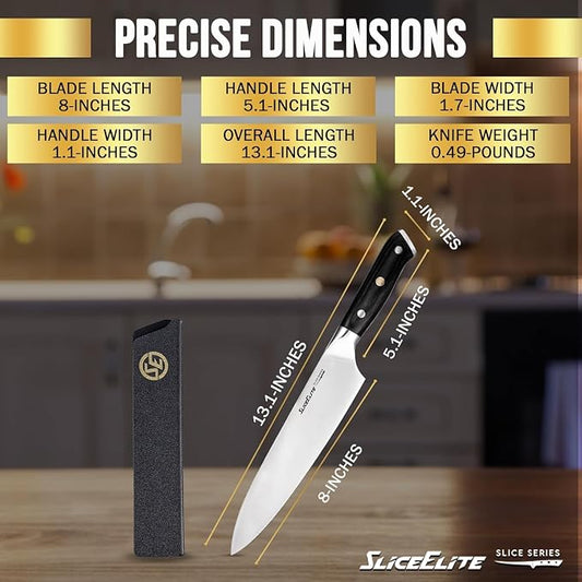 SliceElite Slice Series 8 Inch Chef Knife High Carbon German Steel Blade Pakkawood Handle with Polymer Blade Guard Professional Sharp Kitchen Knife for Meat Cutting Vegetable BBQ Cooking Chopping