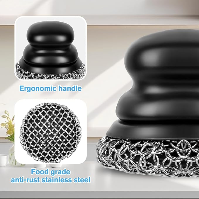 Cast Iron Scrubber (1Pack Black Coarse Mesh + 1Pack Black Fine Mesh) and and Scraper, Chain Mail Scrubber for Cleaning Stock Pots, Pans, Griddles, Grills, Cast Iron Skillets, Dish Scouring Pads
