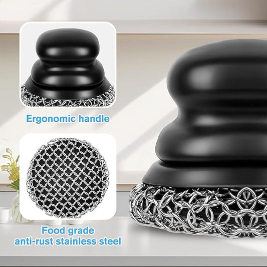 Cast Iron Scrubber (2 × Black Coarse Mesh) and and Scraper, Chain Mail Scrubber for Cleaning Stock Pots, Pans, Griddles, Grills, Cast Iron Skillets, Dish Scouring Pads