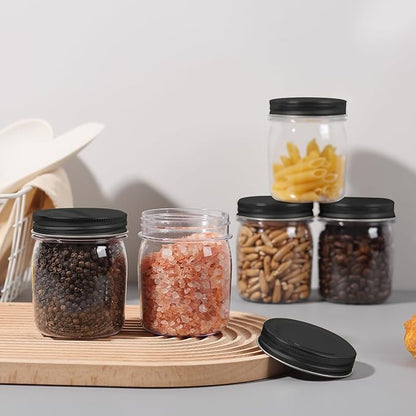 novelinks 8 oz Clear Plastic Jars with Airtight Lids, 32 Pack Plastic Mason Jars with Lids 8oz, Refillable Storage Slime Containers & Small Spice Jar for Kitchen Organization (32 Pack,Black)