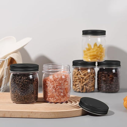 novelinks 8 oz Clear Plastic Jars with Airtight Lids, 48 Pack Plastic Mason Jars with Lids 8oz, Refillable Storage Slime Containers & Small Spice Jar for Kitchen Organization (48 Pack,Black)