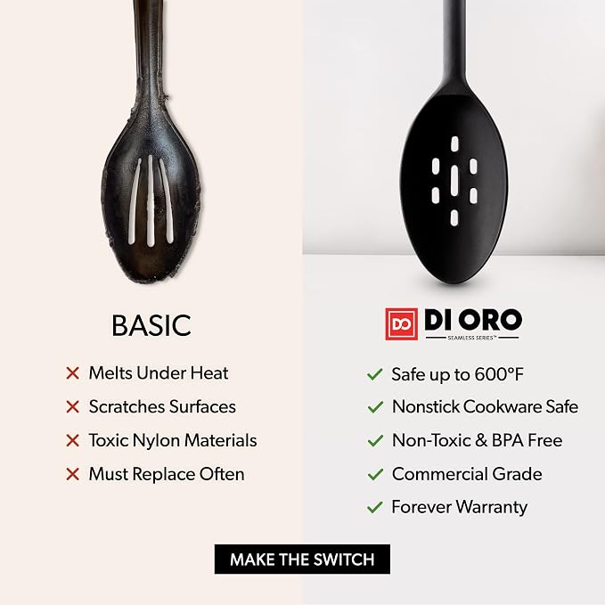 DI ORO Silicone Ladle & Spoons for Cooking – Large Kitchen Spoons for Mixing, Serving, & Stirring - Soup Ladle with Wide Bowl - High Heat Silicone Kitchen Utensils for Nonstick Cookware Safe (Black)