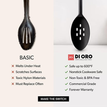 DI ORO Silicone Ladle & Spoons for Cooking – Large Kitchen Spoons for Mixing, Serving, & Stirring - Soup Ladle with Wide Bowl - High Heat Silicone Kitchen Utensils for Nonstick Cookware Safe (Black)