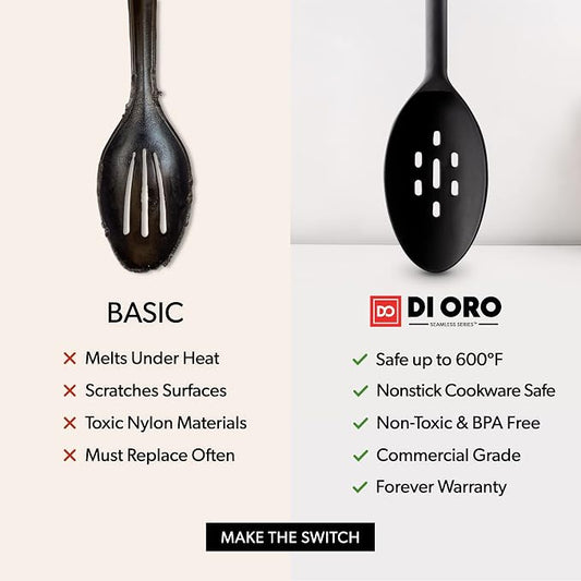 DI ORO Silicone Ladle & Spoons for Cooking – Large Kitchen Spoons for Mixing, Serving, & Stirring - Soup Ladle with Wide Bowl - High Heat Silicone Kitchen Utensils for Nonstick Cookware Safe (Black)