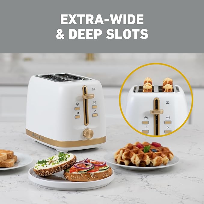 West Bend Timeless 2-Slice Toaster with 7 Browning Levels, Bagel/Waffle/Defrost Settings, High-Lift Lever, Anti-Jam, Easy-Clean Crumb Tray, 2-Slice, White/Gold