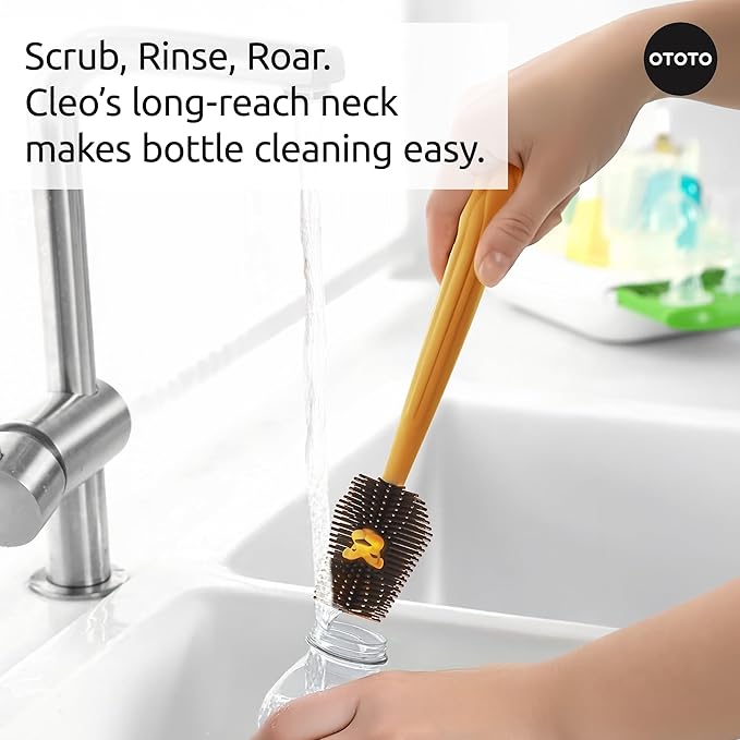 OTOTO Cleo Dish & Water Bottle Brush – Silicone Baby Bottle Brush, Water Bottle Cleaner, Dish Brush with Long Handle, Cute Lion Design, Crevice Cleaning Brush, Baby Essentials, Kitchen Gadgets