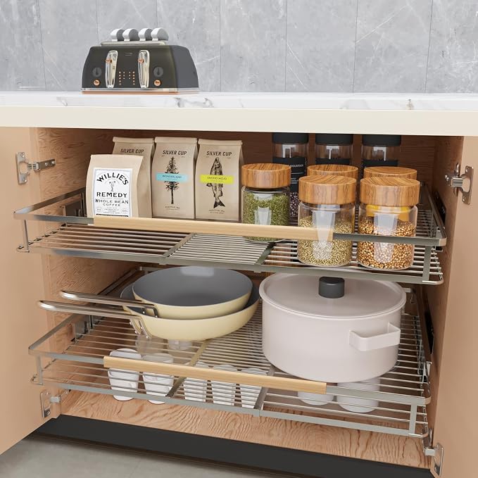 Expandable Pull Out Cabinet Organizer, 12.3"-18.5" W x 22.5''D | 1Pack, Stainless Steel Slide Out Drawers, Heavy Duty Drawer Slides, For Kitchen Pantry Cupboard Pots Pans, Adjustable Width