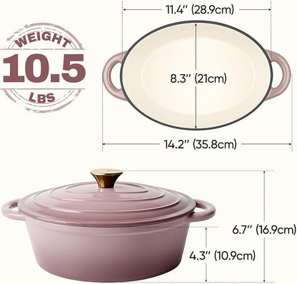 Oval Dutch Oven for Bread Baking, 4.5 Quart Non Stick Enameled Cast Iron Dutch Oven Pot with Lid, Oven Safe Oval Casserole with Lid up to 500°F for Baking, Braising, Stews, Roasting, Pink