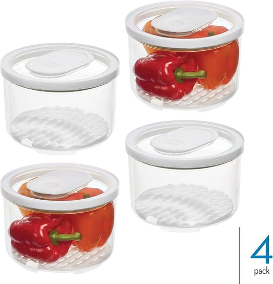 iDesign Round Fridge Produce Bin with Removable Drainage Tray and Lid - Set of 4 - Clear