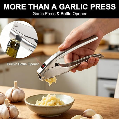 Garlic Press Stainless Steel, Garlic Mincer & Crusher with Peeler Tube and Cleaning Brush, Large Capacity Ergonomic Handle, No Need to Peel, Dishwasher Safe Garlic Press with Built-in Bottle Opener
