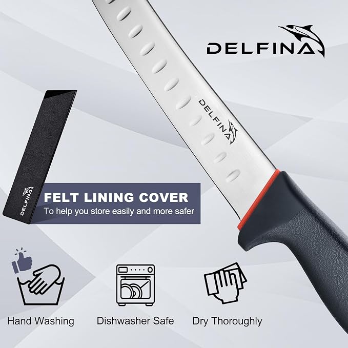 DELFINA Curved Breaking Knife 10 inch W/Sheath & SoftGrip Handle, Butcher Breaking Knife For Meat Cutting, High Carbon Japanese Steel