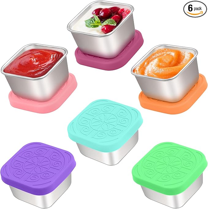 Qukaka 6x2.7 Oz Salad Dressing Container to Go,Handy Leakproof Stainless Steel Meal Prep Containers Reusable,Sauce Containers for Lunch Box, Picnics, Travel, Office and Kitchen Storage-Square