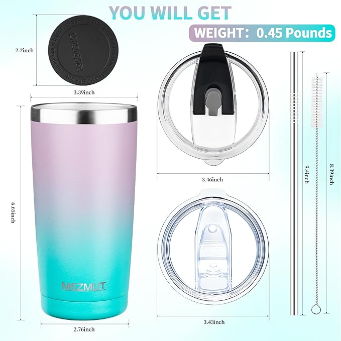 MEZMUT 20oz Tumbler Coffee Travel Mug with Daul Lid and Straw, Stainless Steel Double Wall Vacuum Spill Proof Insulated Tumbler, Hot or Iced Coffee Cups for Drinks (1Pack, Lavender Green)