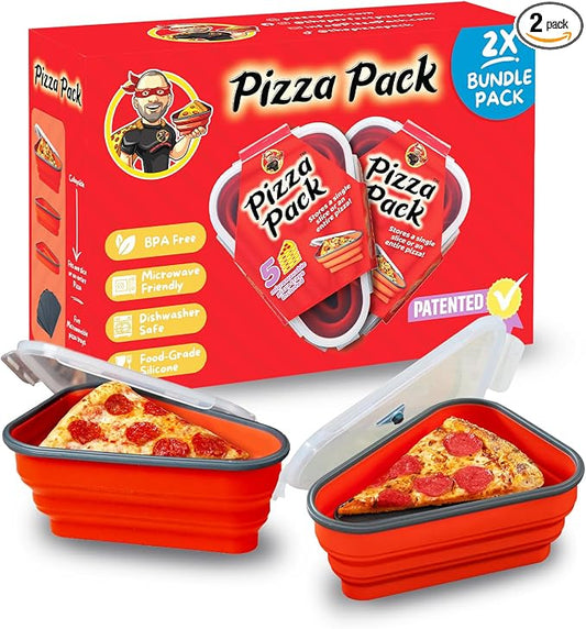 PIZZA PACK The Perfect Reusable Pizza Storage with 5 Microwavable Serving Tray - BPA-Free Adjustable Pizza Slice Container Space Saver, 2 Pack, Red