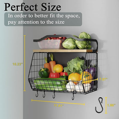 Magnetic Shelf for Fridge with Wood Lid, Heavy Duty Fruit Basket, Fruit Potato and Onion Storage Bins, Magnetic Spice Rack for Refrigerator, Black Hanging Wire Basket for Kitchen Counter