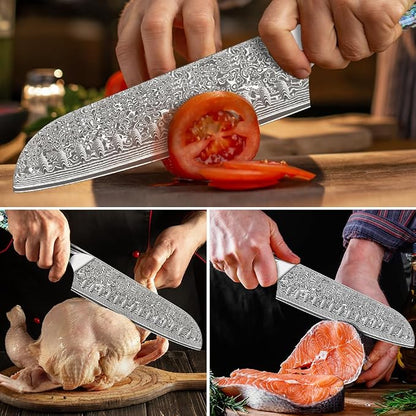 KEENZO Damascus Santoku Knife 7 inch, Razor Sharp Professional Chef Knife, Japanese Hand Forged 67 Layers Hammered Damascus Blade, Ergonomic Abalone Shell Handle Cooking Knife with gift box