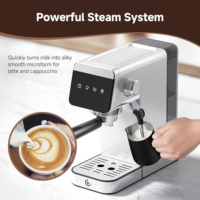 AMZCHEF Espresso Machine 20 Bar, Compact Coffee Maker with LED Touch Screen & Milk Frother, Brushed Stainless Steel Housing Espresso Maker for Home & Office, Coffee Machine for Cappuccino, Latte