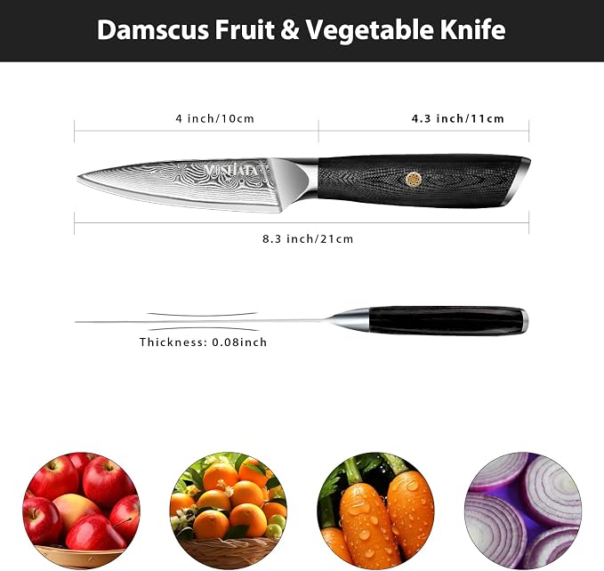 MOSFiATA Damascus Fruit Knife 4", Ultra Sharp Paring Knife, 67 Layers Damascus Steel VG10 Core Multipurpose Small Kitchen Knife Professional Peeling Knives, G10 Handle with Rivet Chef Gift