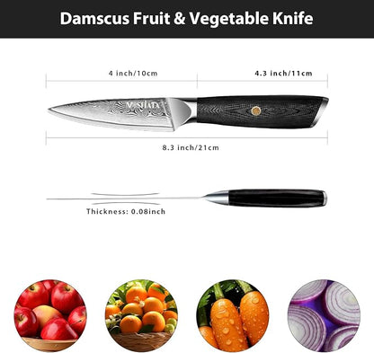 MOSFiATA Damascus Fruit Knife 4", Ultra Sharp Paring Knife, 67 Layers Damascus Steel VG10 Core Multipurpose Small Kitchen Knife Professional Peeling Knives, G10 Handle with Rivet Chef Gift