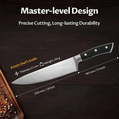 OAKSWARE 8 Inch Chef Knife, Ultra Sharp German High Carbon Stainless Steel Kitchen Knife, Full Tang Forged Professional Cooking Knife with Ergonomic Handle for Meat, Vegetables and Fruit