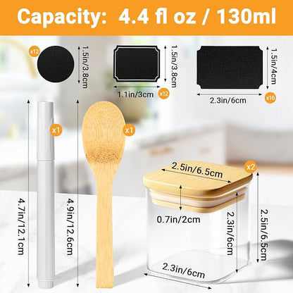 Square Glass Jars with Bamboo Lids Set of 2, 4 Fl.oz Small Glass Spice Jars with Airtight Lid, Stackable Sugar Coffee Containers Clear Food Storage Canister for Loose Tea, Jam, Seasoning