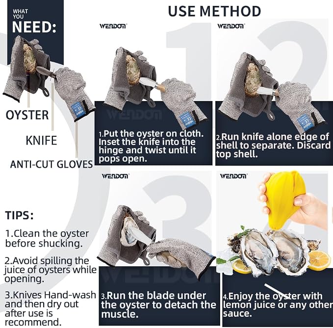 Oyster Shucking Knife Wood Handle Shucker Opener Tools and Cut Resistant Level 5 Protection Gloves Set Seafood Kit(1cloth+1lemon squeezer)
