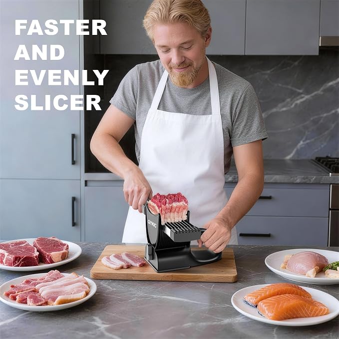 Fresh Meat Slicer with SteadyGrip, Thickness Adjustable 2 or 4 mm, 17 IN 1 Stainless Steel Manual Meat Cutter, Cleaver Kitchen Knife, Jerky Slicer Suit for Chicken Breast Beef Pork (Black)