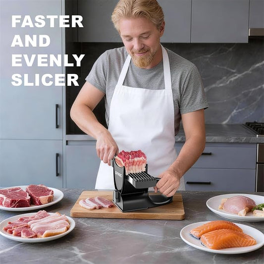 Fresh Meat Slicer with SteadyGrip, Thickness Adjustable 2 or 4 mm, 17 IN 1 Stainless Steel Manual Meat Cutter, Cleaver Kitchen Knife, Jerky Slicer Suit for Chicken Breast Beef Pork (Black)