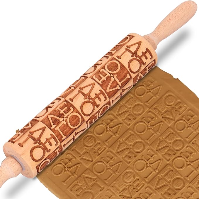 LOVE Embossed Rolling Pins for Cookies, Wooden Engraved Rolling Pins for Baking, Valentine Patterned Embossing Rolling Pin with Designs Decorative Springerle Cookie Mold Stamp Clay Pattern Roller
