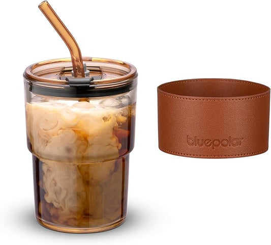 BLUEPOLAR 13oz/400ml Tumbler Water Glass, Cups with Straw and Lid Sealed Carry on for Coffee, Iced Tea, Thick Wall Insulated Glass Cup (Amberwith Protect Sleeve)