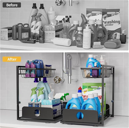 2 Pack Under Sink Organizers, Height Adjustable Under Sink Organizers And Storage, 2 Tier Pull Out Drawer Sturdy Metal Cabinet Organizer For Kitchen Bathroom Pantry