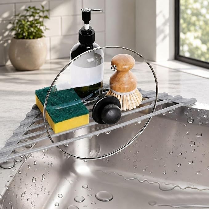 Credon Triangle Roll Up Dish Drying Rack, Foldable Anti-Slip Kitchen Sink Drainer Organizer, Silicone Coated Stainless Steel Frame, Multipurpose Over Sink Corner Caddy for Space Saving (Grey)