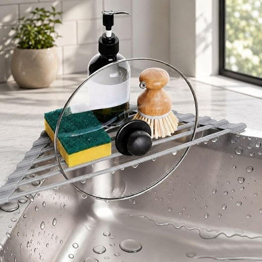 Credon Triangle Roll Up Dish Drying Rack, Foldable Anti-Slip Kitchen Sink Drainer Organizer, Silicone Coated Stainless Steel Frame, Multipurpose Over Sink Corner Caddy for Space Saving (Grey)