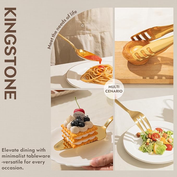 KINGSTONE 10 Piece Large Hostess Gold Serving Utensils Set, Heavy Duty 18/10 Stainless Steel - 10 inch Serving Spoons, Slotted Spoons, Forks, Tongs, Cake Pie Server for Buffet, Wedding, Party