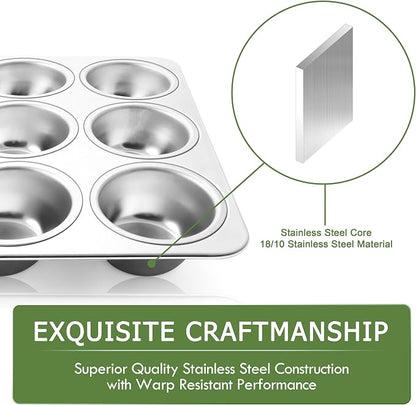 Herogo 2 Pack 12-Cup Stainless Steel Cupcake Pan Tin for Making Egg Muffin Quiches, Metal Muffin Tray Set for Baking, Mini Brownie, Regular Size & Easy Clean, Oven & Dishwasher Safe